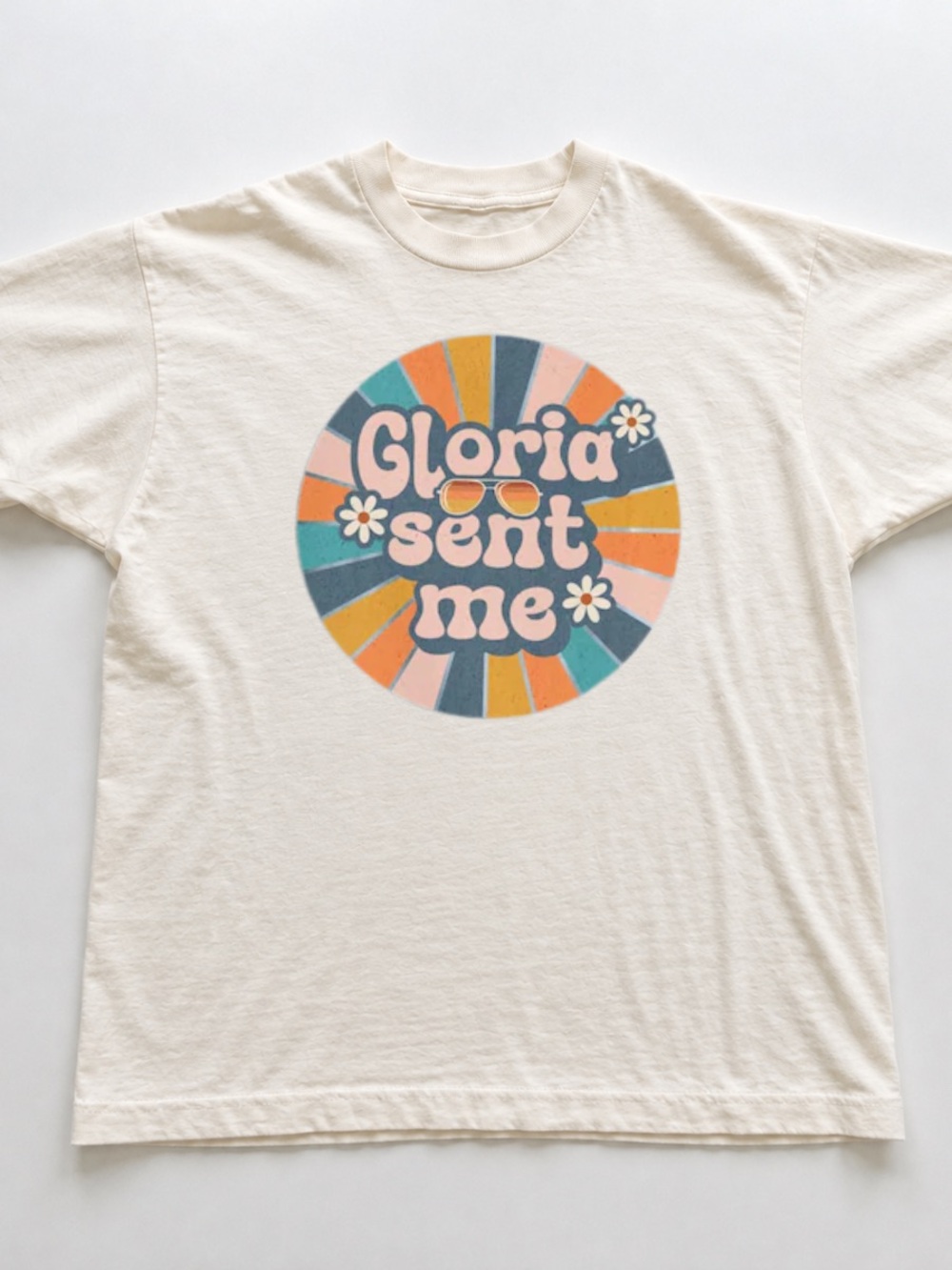 Off White Graphic Tee with Retro Multicolor 'Gloria Sent Me' Print
